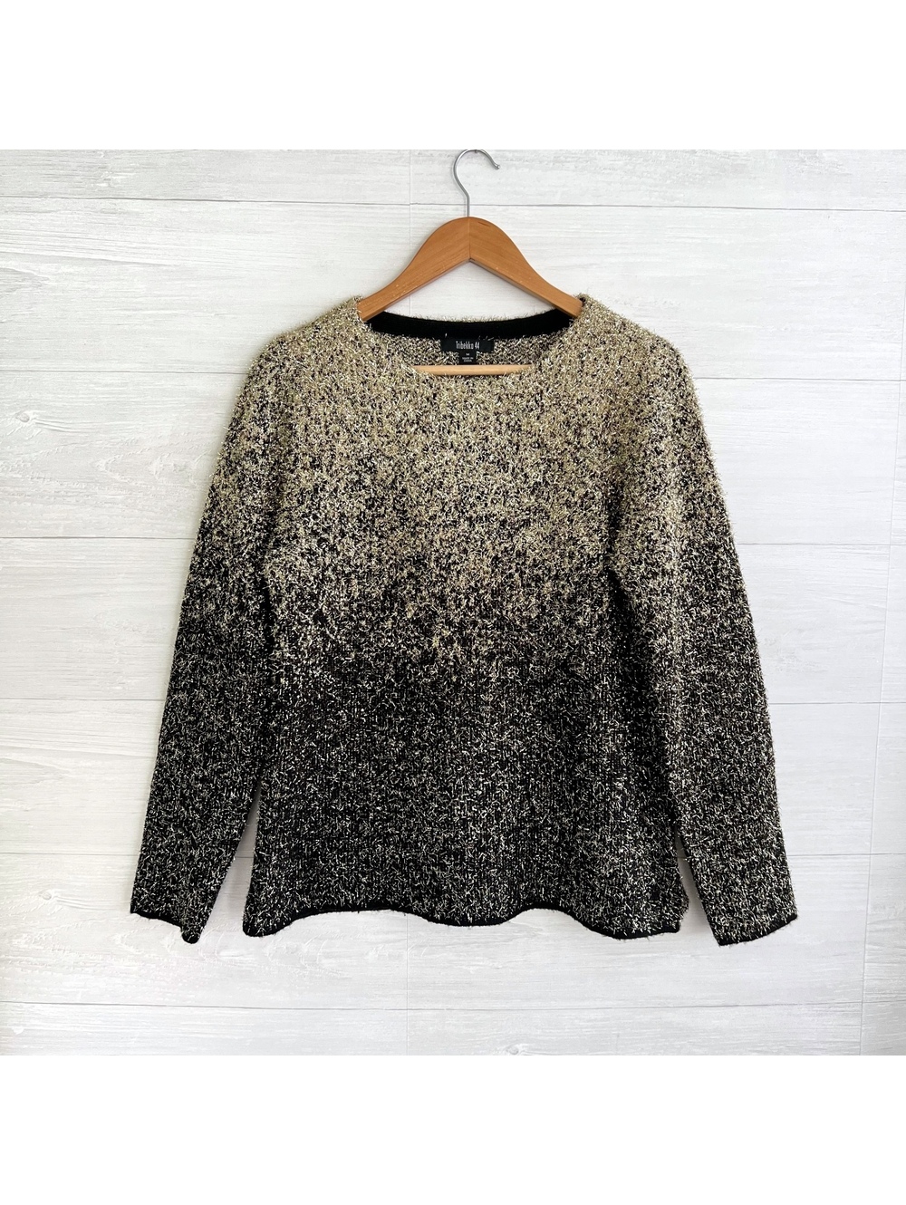 Tribekka 44 Black Gold Ombre Metallic Tinsel Sparkle Sweater Women M Holiday